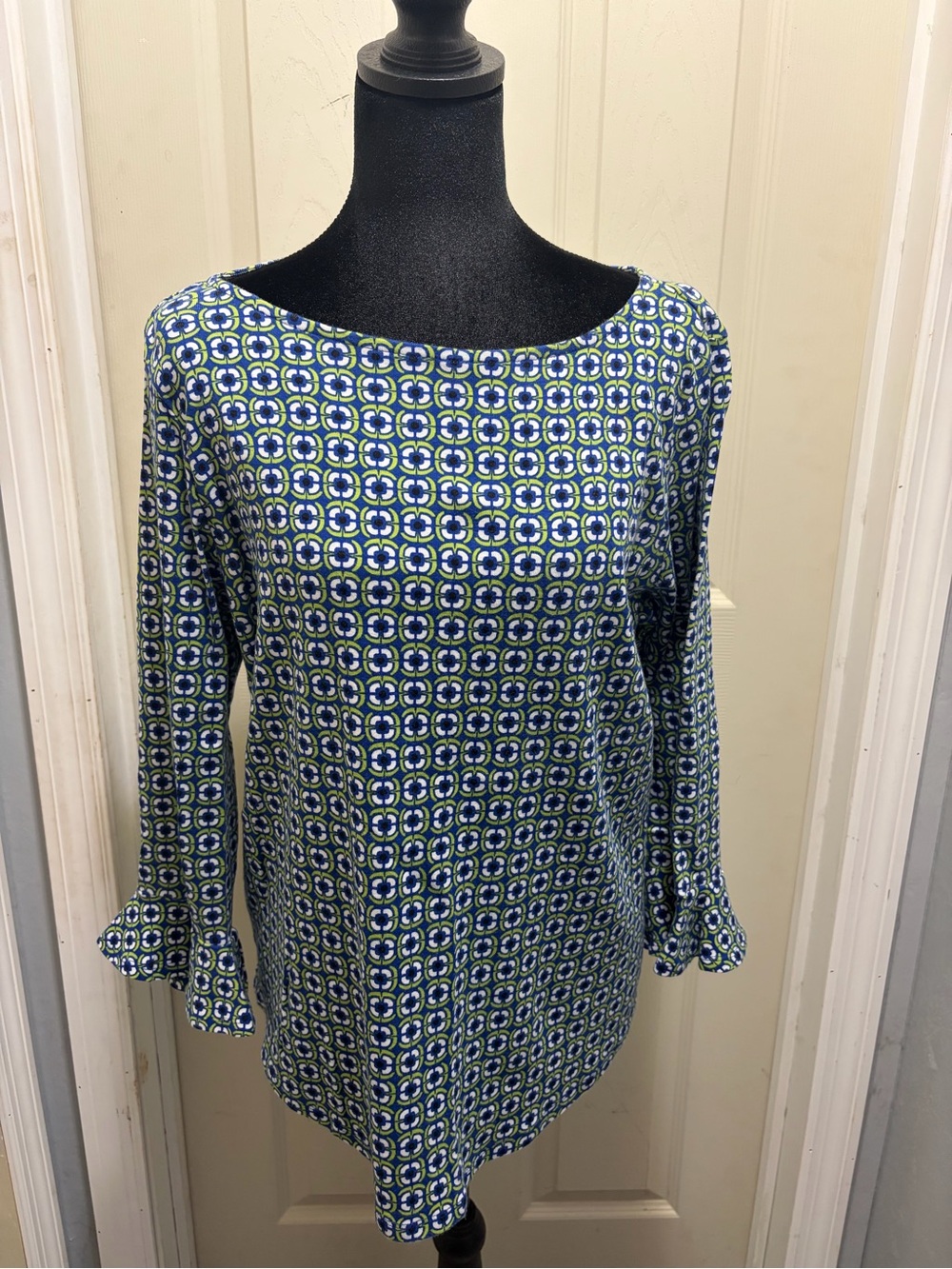 Kim Rogers Women's Blue & Green Geometric Boatneck Top
